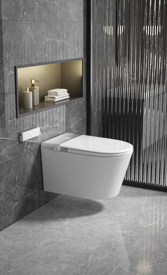 MODERN JAPANESE WALL-MOUNTED SMART TOILET WITH HEATED SEAT, REMOTE CONTROL, AND ADVANCED HYGIENE FEATURES