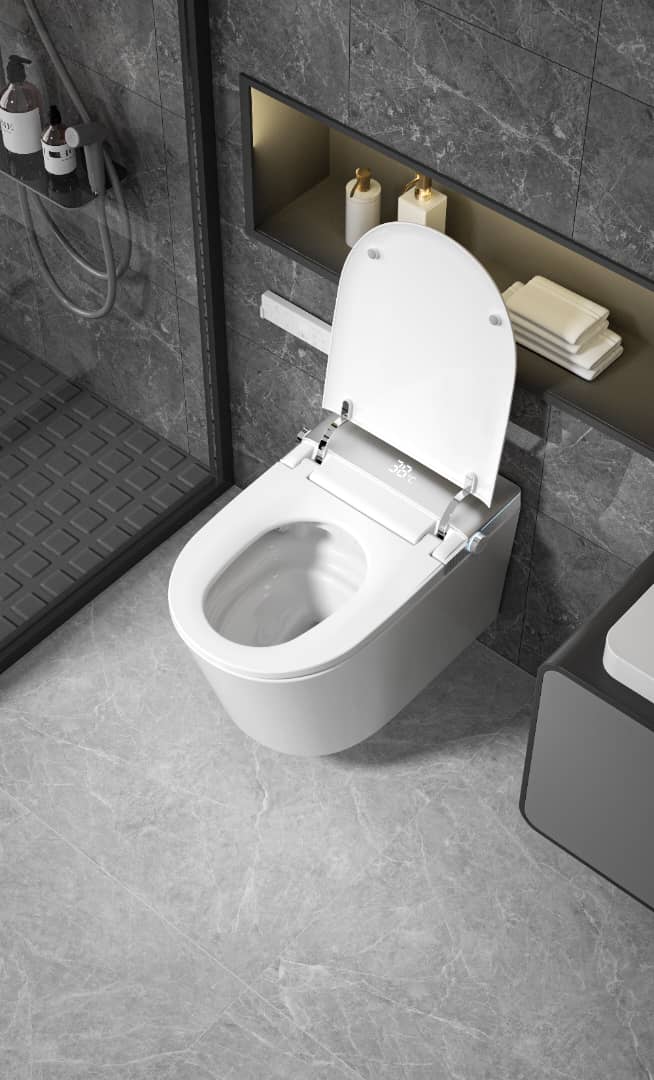 MODERN JAPANESE WALL-MOUNTED SMART TOILET WITH HEATED SEAT, REMOTE CONTROL, AND ADVANCED HYGIENE FEATURES