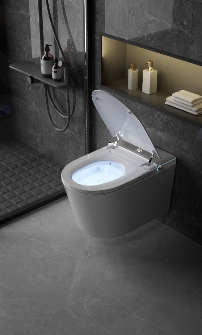 MODERN JAPANESE WALL-MOUNTED SMART TOILET WITH HEATED SEAT, REMOTE CONTROL, AND ADVANCED HYGIENE FEATURES