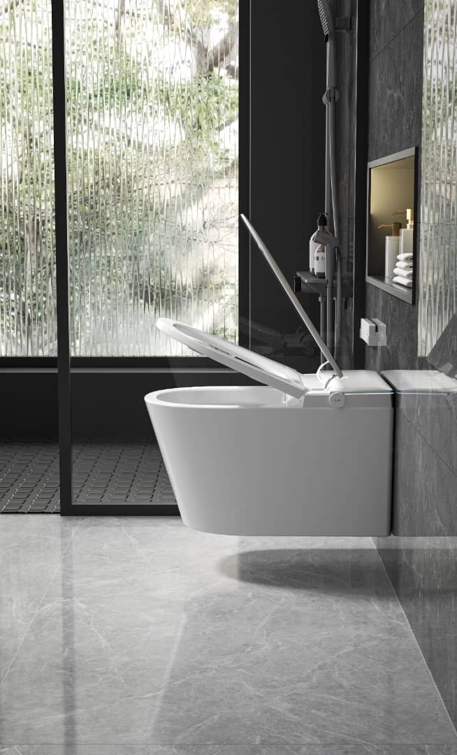 MODERN JAPANESE WALL-MOUNTED SMART TOILET WITH HEATED SEAT, REMOTE CONTROL, AND ADVANCED HYGIENE FEATURES