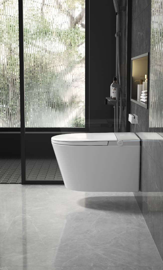 MODERN JAPANESE WALL-MOUNTED SMART TOILET WITH HEATED SEAT, REMOTE CONTROL, AND ADVANCED HYGIENE FEATURES