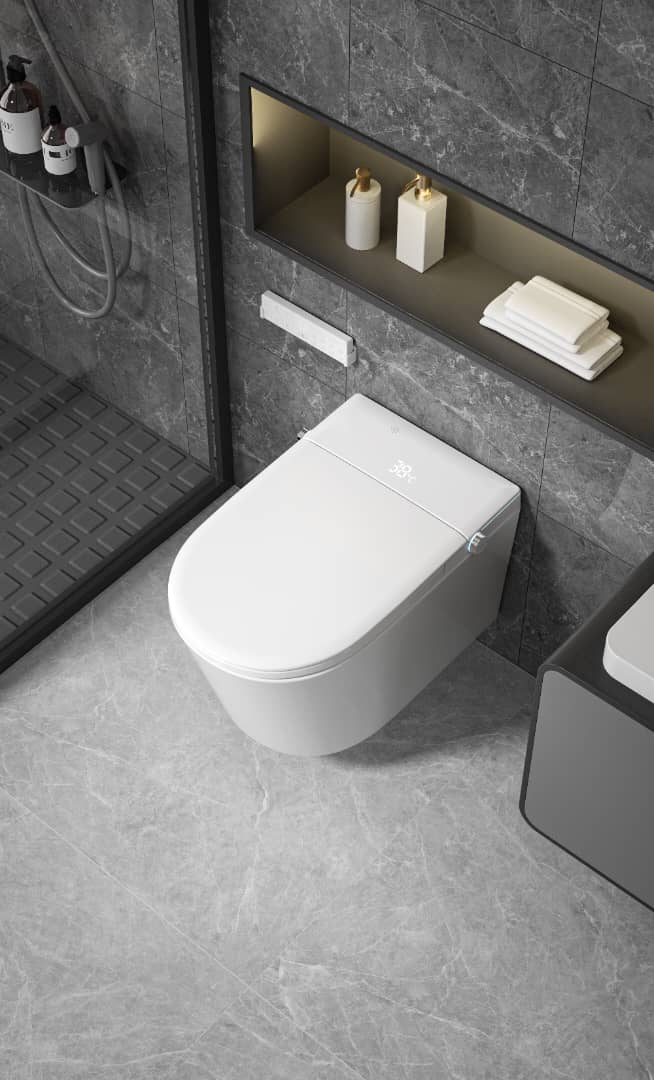 MODERN JAPANESE WALL-MOUNTED SMART TOILET WITH HEATED SEAT, REMOTE CONTROL, AND ADVANCED HYGIENE FEATURES