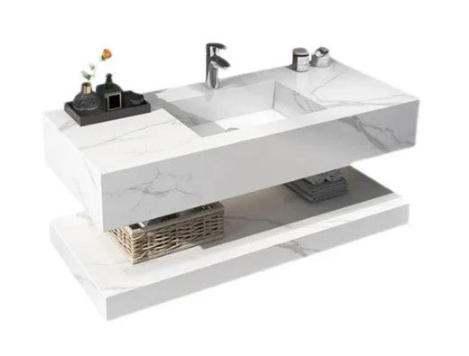 MODERN FLOATING ROCK SLATE COUNTERTOP WASH BASIN - MARBLE EFFECT CERAMIC SINK WITH OPTIONAL MATCHING UNDER-SINK ROCK SLAB | 800 X 500MM | 3 COLORS